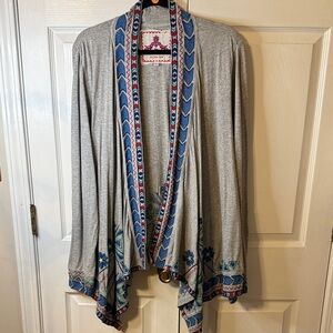 Johnny Was Light Gray Draped Cape with Blue Embroidered Trim